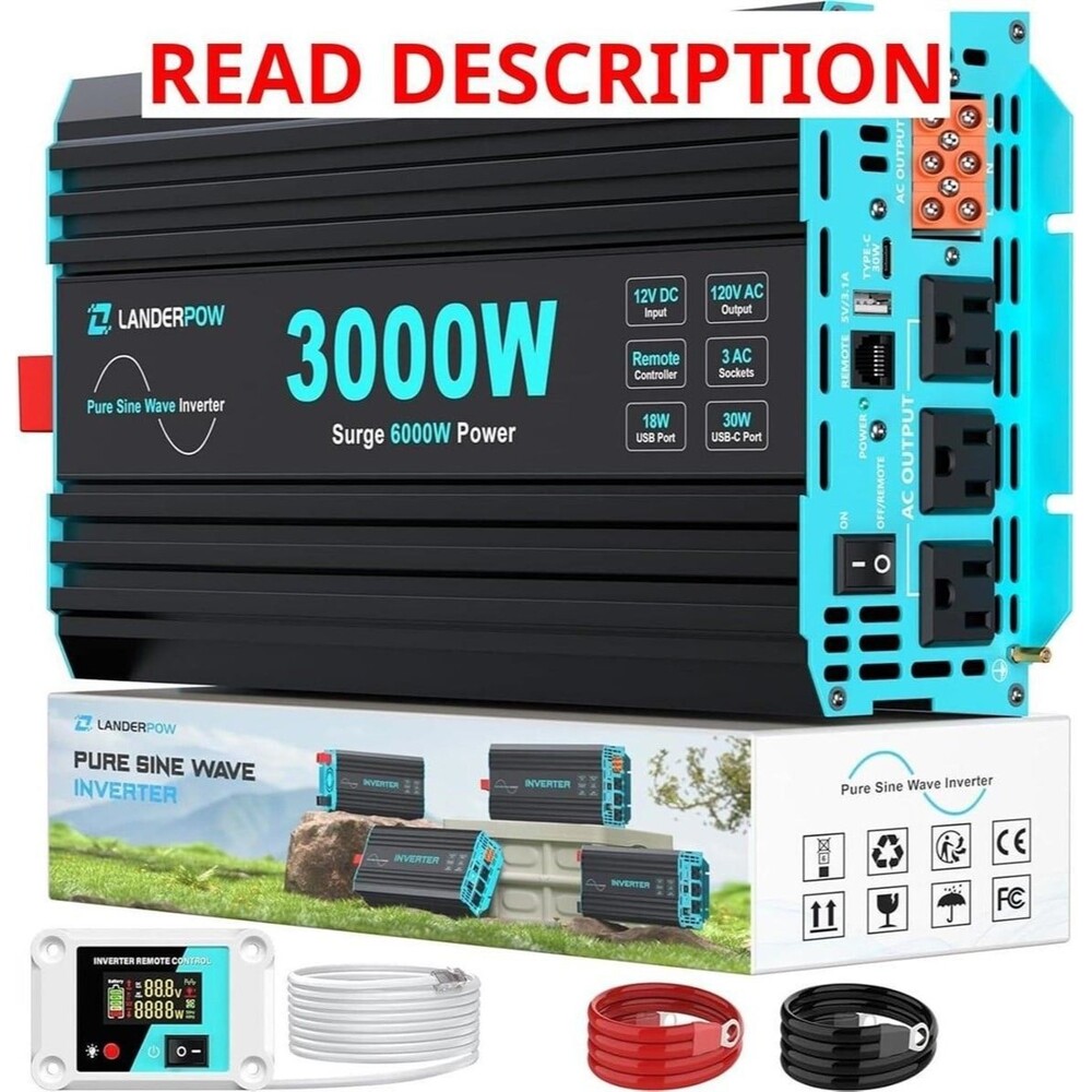 LANDERPOW 3000W Pure Sine Wave Inverter 12V DC to 120V AC RV Truck Solar
